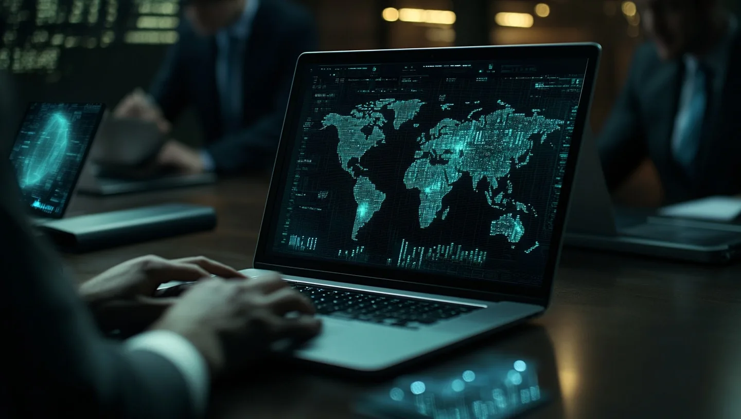 A person typing on a laptop that shows a glowing world map