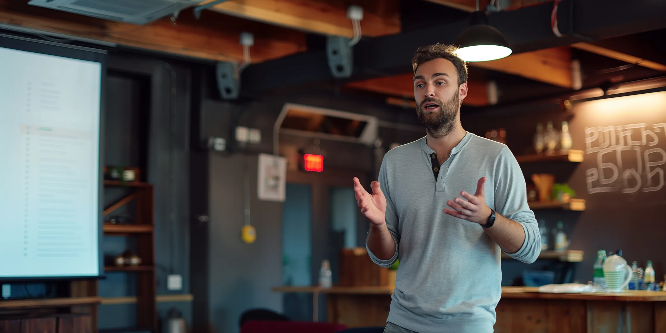 A man gestures as he gives a presentation in a loft office