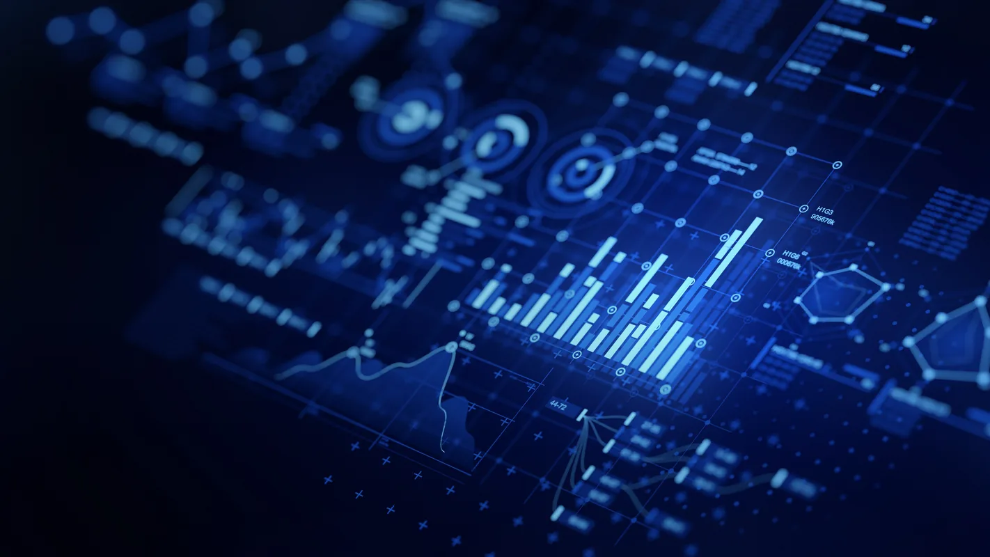Glowing blue data visualizations on a dark dashboard