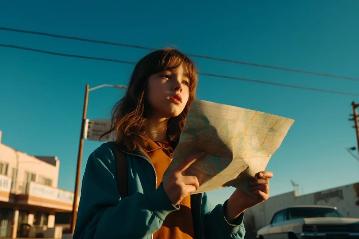 A young woman reads a paper map on a sunny street, with a subtitle on screen