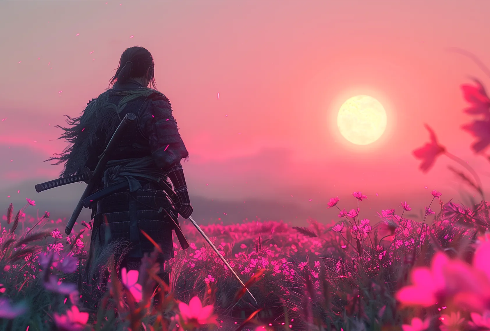 A film still of a lone warrior in a field of pink flowers at sunset, with captions overlaid