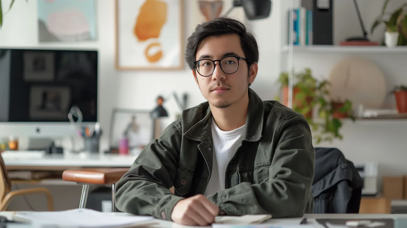 A young man with glasses sits at a desk in a bright office, shown in a video player