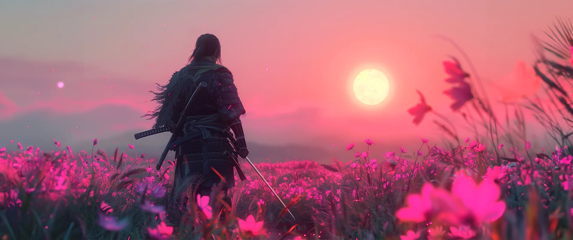 A film still of a lone warrior in a field of pink flowers at sunset, with captions overlaid
