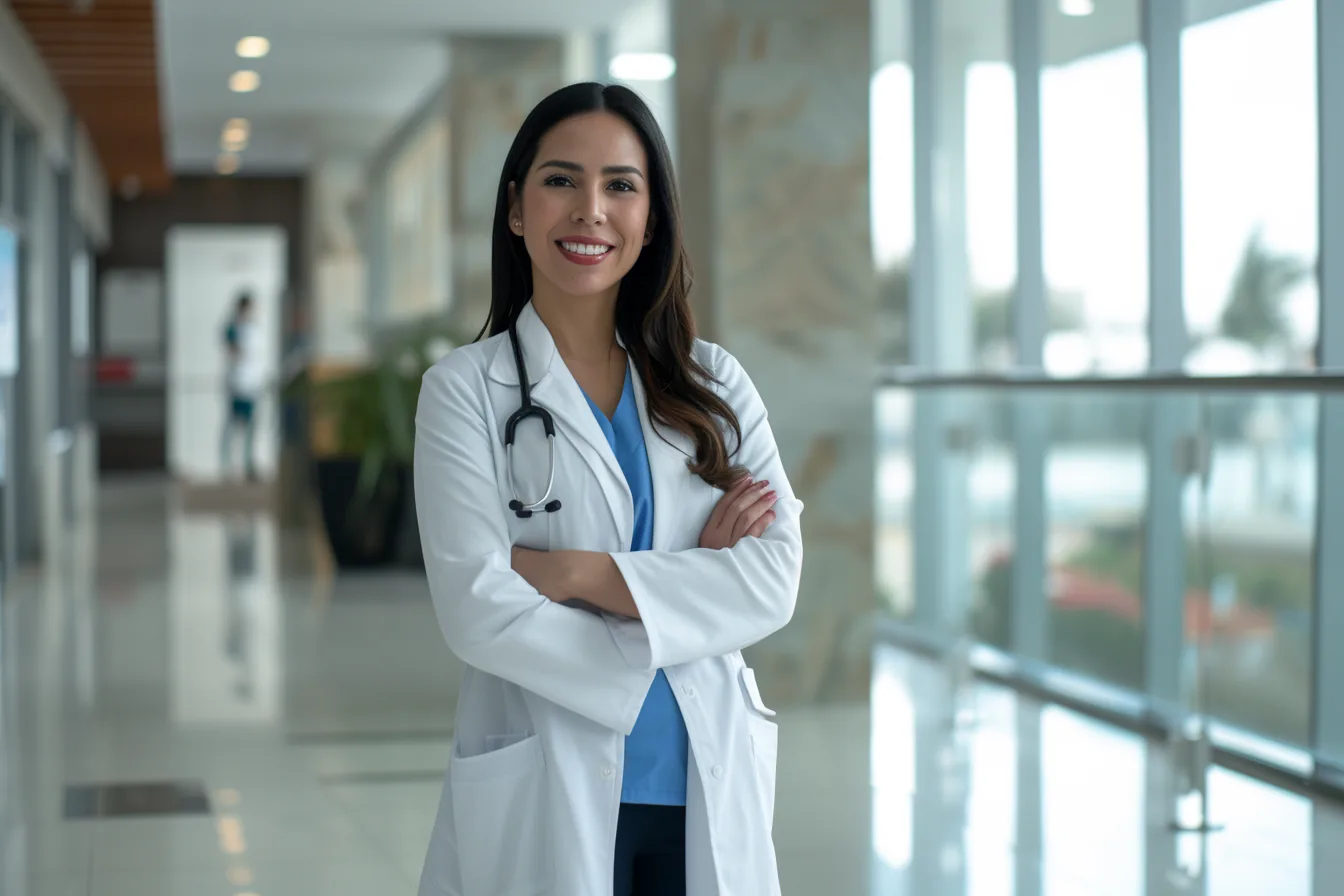 A smiling doctor in a white coat standing in a hospital corridor