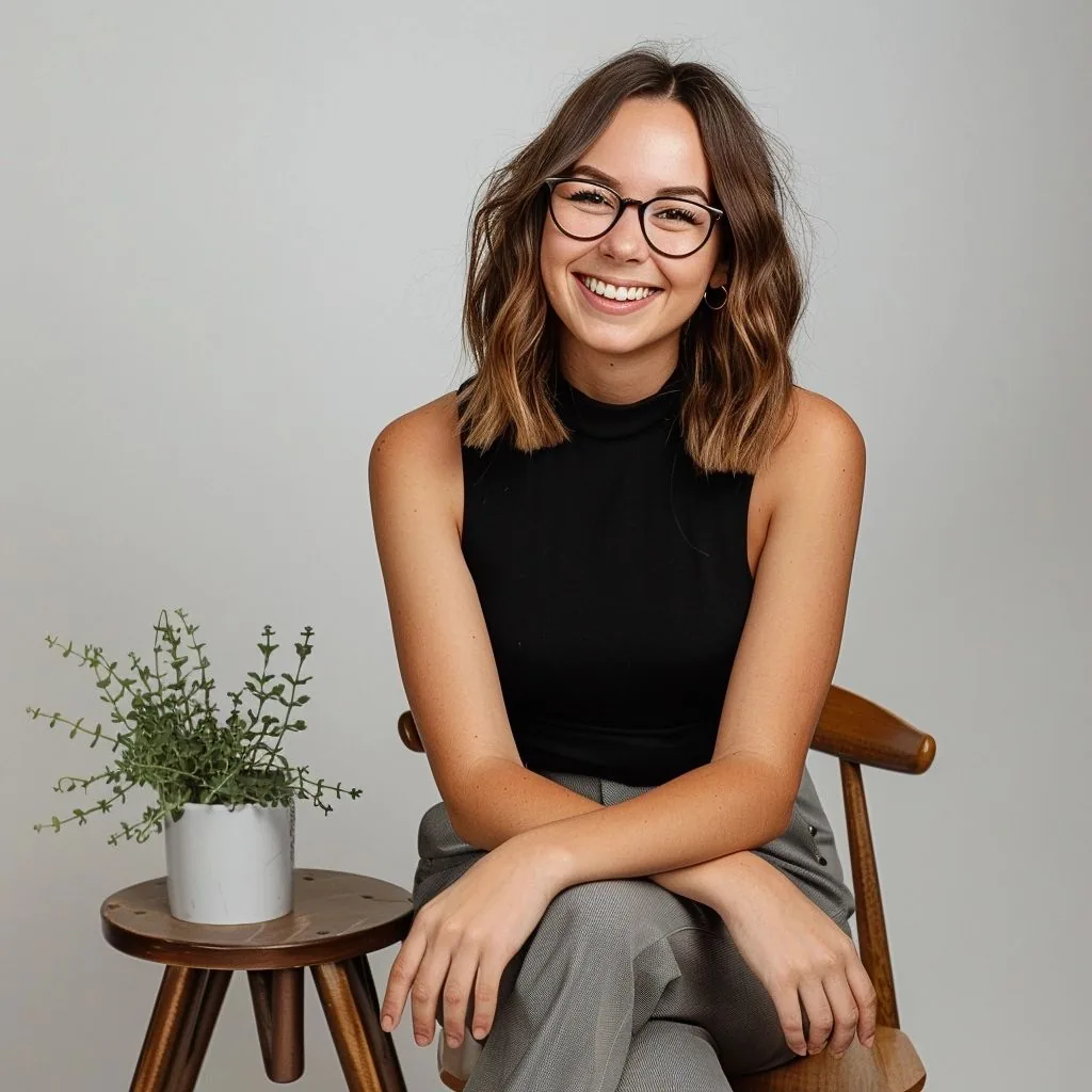 A smiling woman in glasses sits on a wooden chair beside a plant