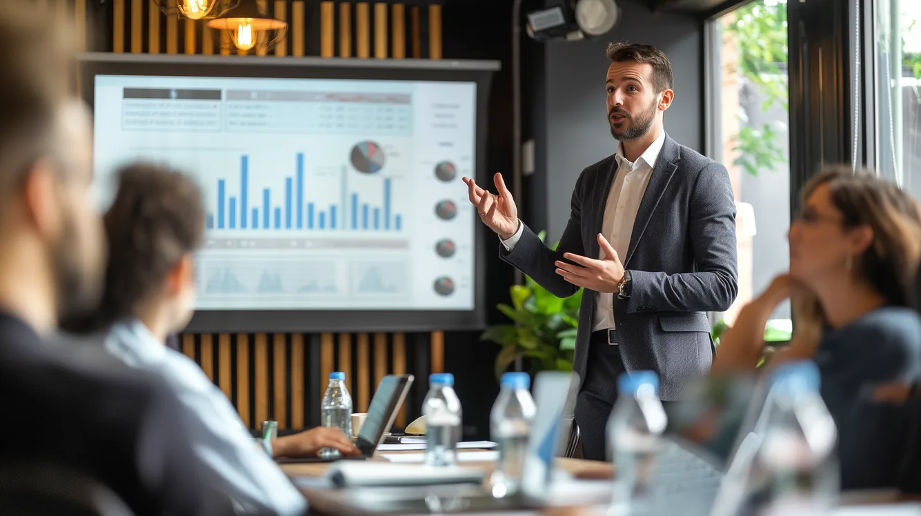 A presenter walks a meeting through sales charts on a wall screen