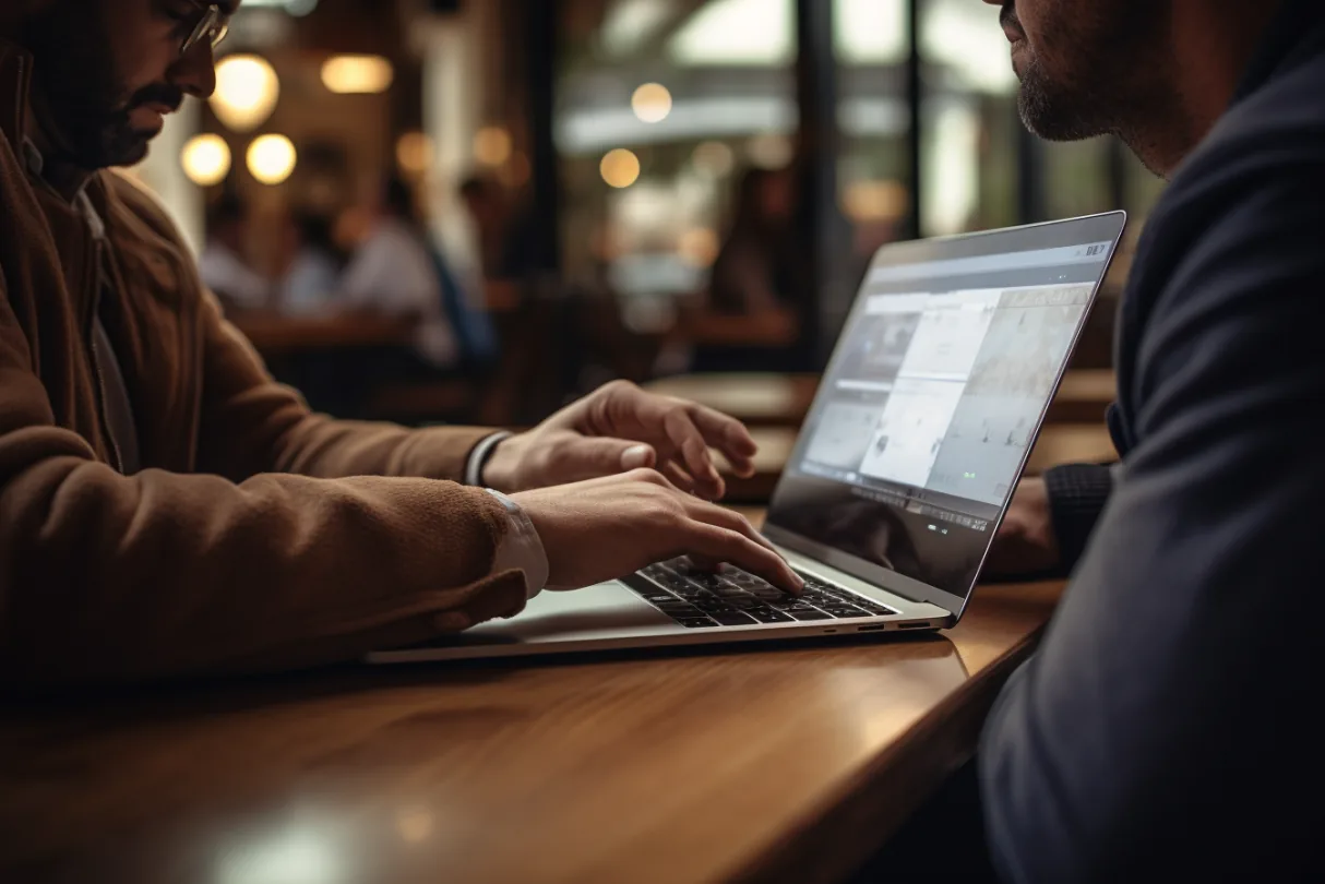 Two people at a wooden café table, one typing on a laptop
