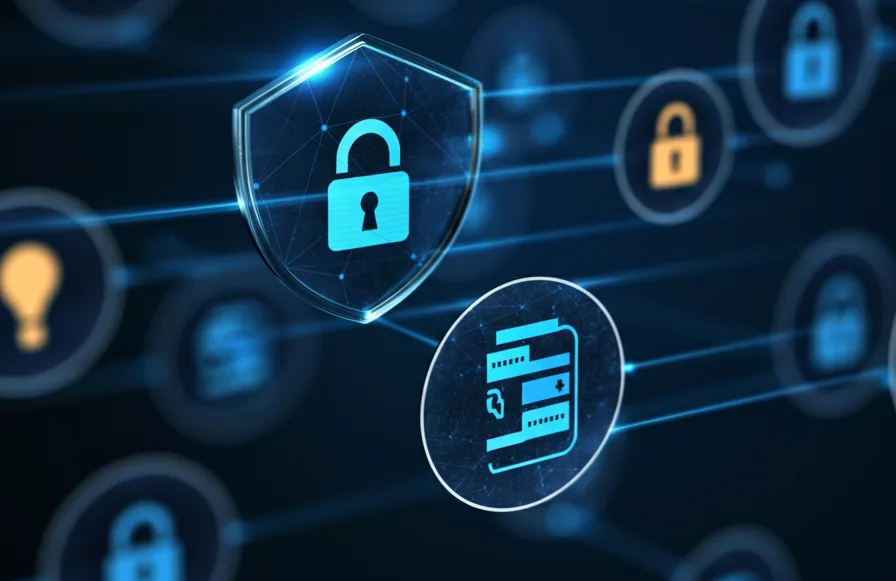 A digital padlock shield on a network background