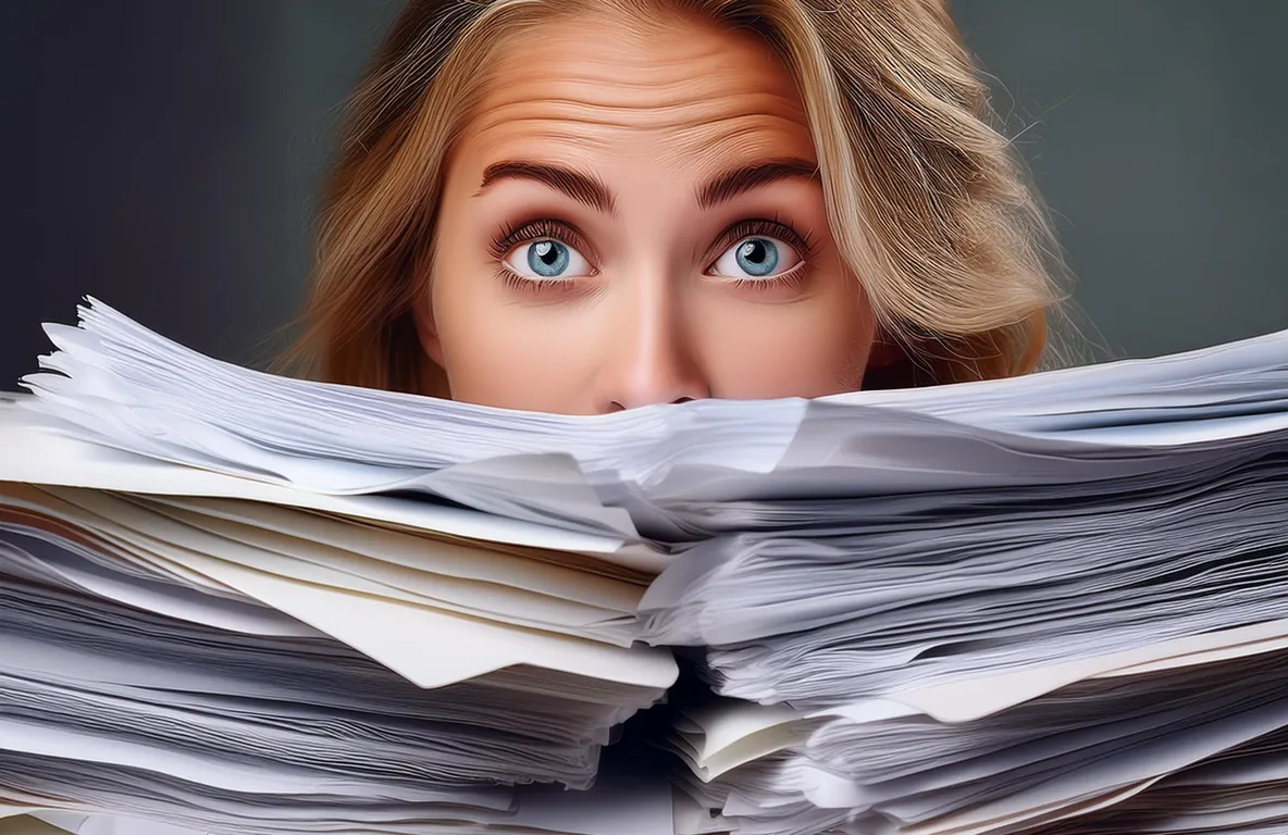 A wide-eyed woman peeks over a tall stack of papers